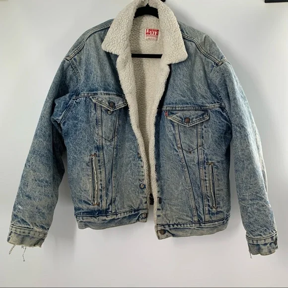 Levi’s Vintage 80’s Denim Distressed Jacket Sherpa Piled Size L - Picture 6 of 12